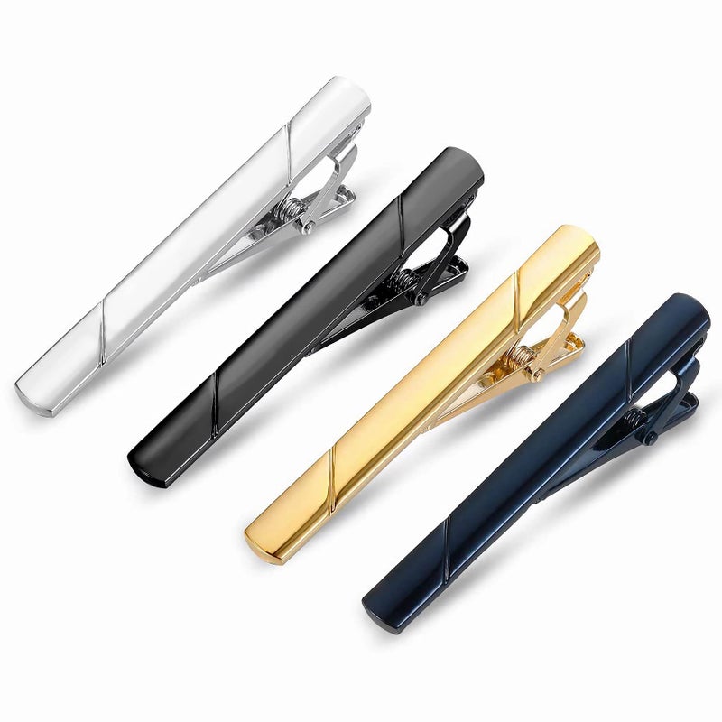 Roctee 4Pcs Tie Clips For Men Skinny Ties, Business Men's Tie Bars For Slim Ties, Daily Necktie Accessories For Father Son Boyfriend, Classic Men's Tie Clasp Set (Silver & Gold & Navy Blue & Black) - Image 1